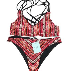 Cupshe Red and Black Strappy Bikini Set